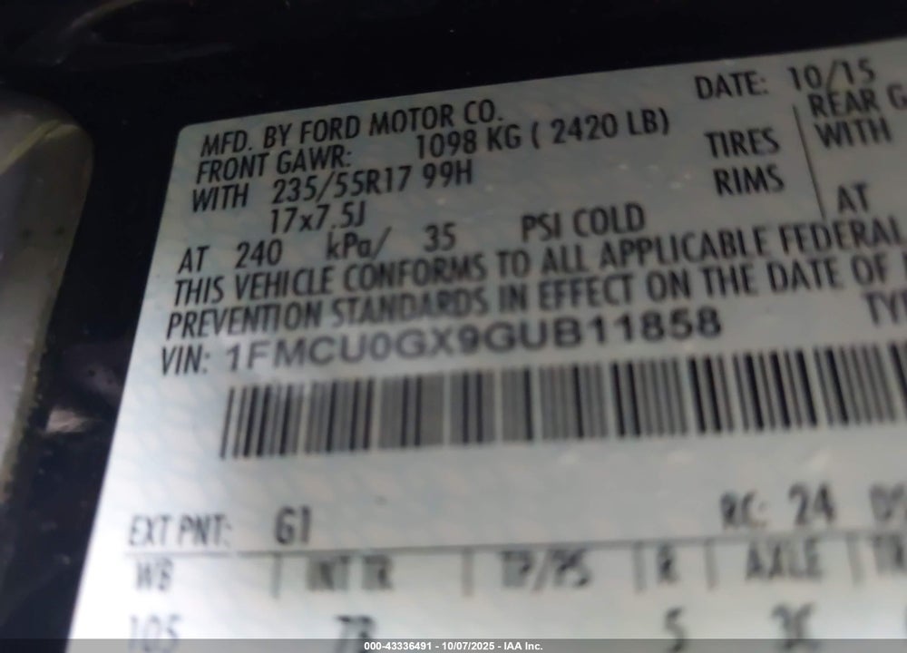 2016 FORD ESCAPE VIN: 1FMCU0GX9GUB11858