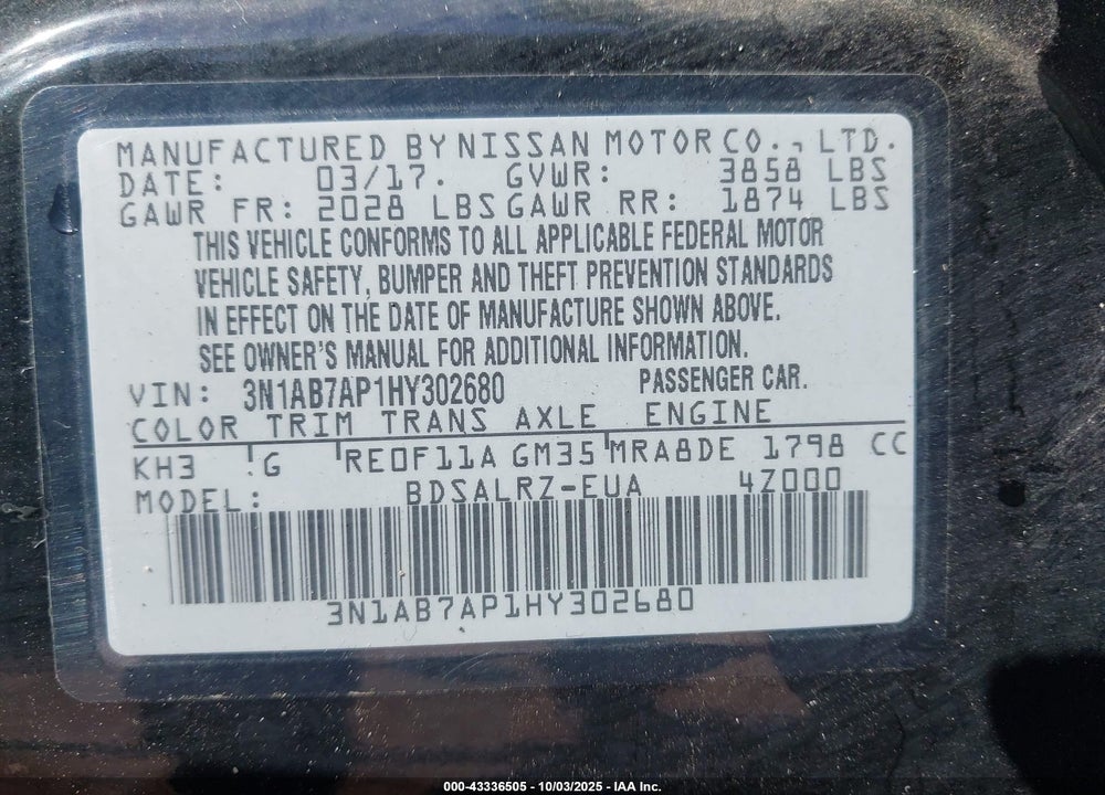 2017 NISSAN SENTRA VIN: 3N1AB7AP1HY302680