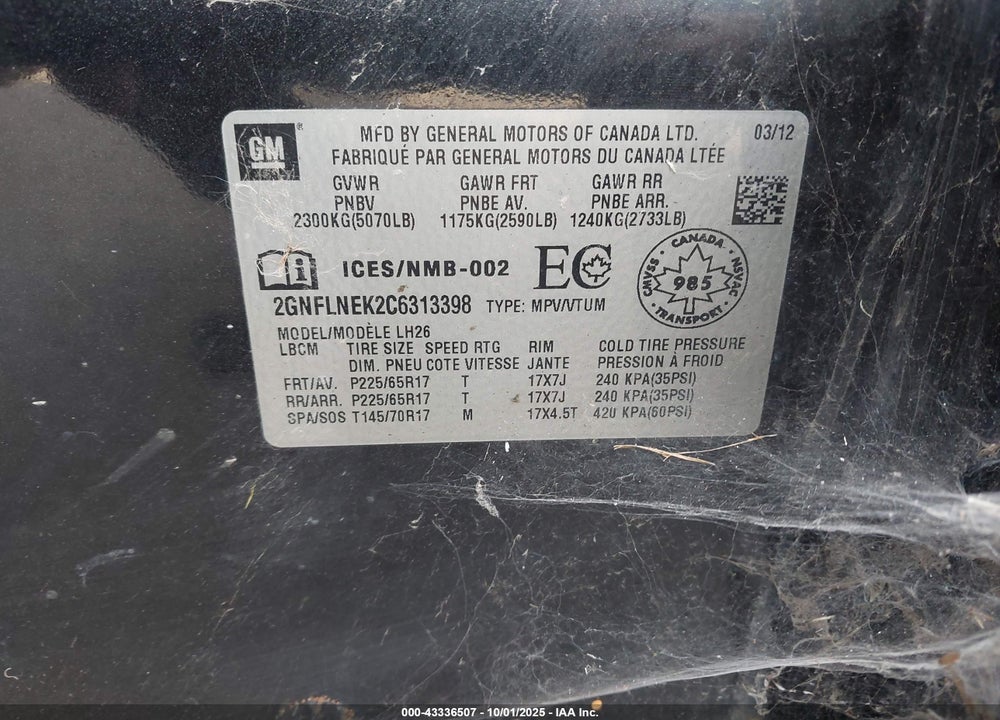 2012 CHEVROLET EQUINOX VIN: 2GNFLNEK2C6313398