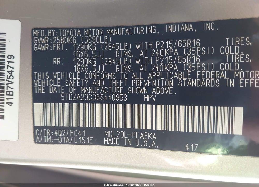 2006 TOYOTA SIENNA LE VIN: 5TDZA23C36S440953