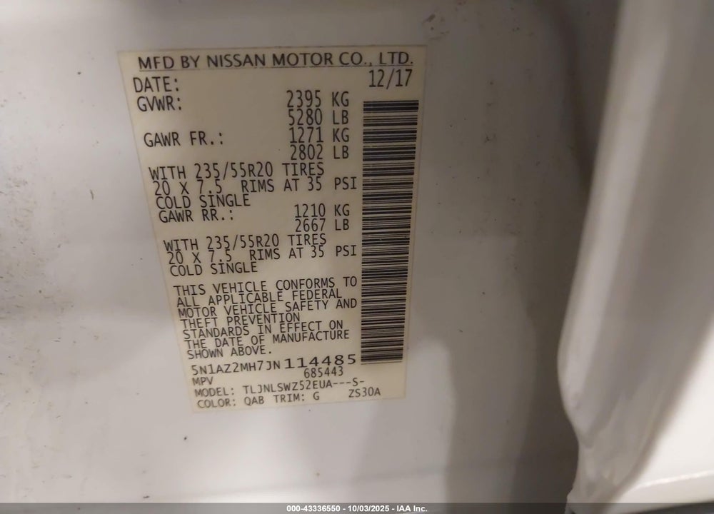 2018 NISSAN MURANO PLATINUM VIN: 5N1AZ2MH7JN114485