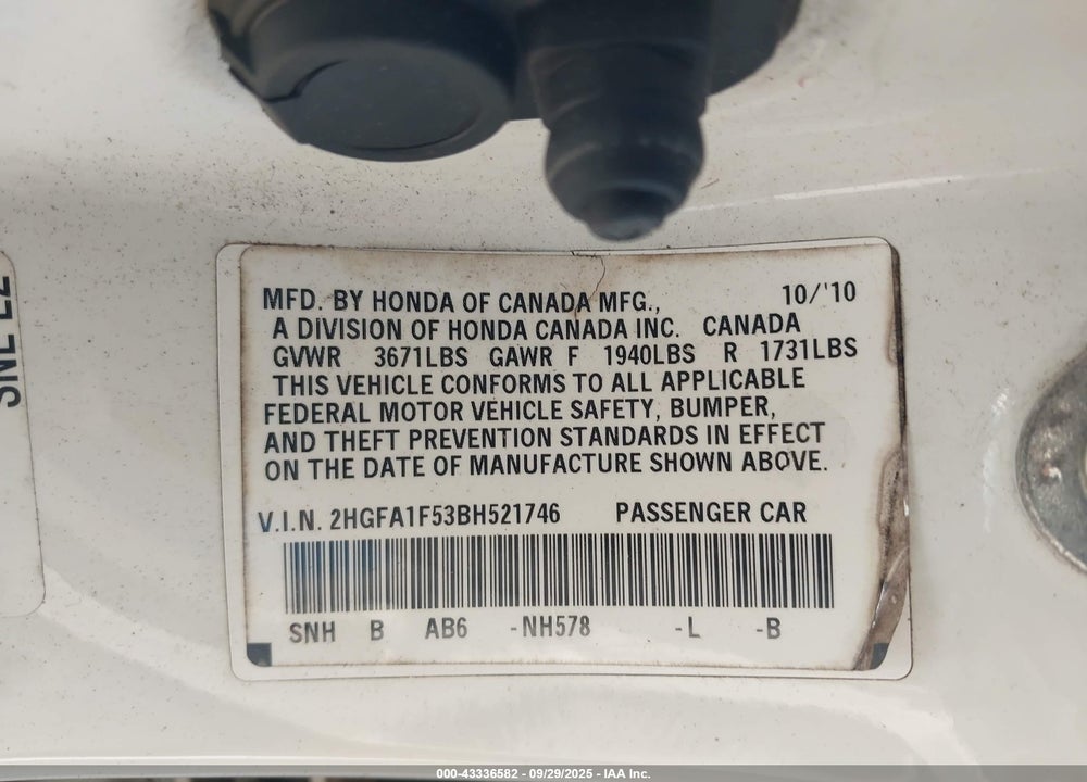2011 HONDA CIVIC VIN: 2HGFA1F53BH521746