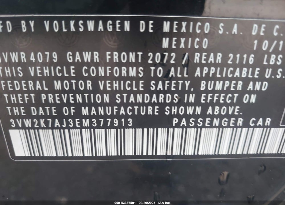 2014 VOLKSWAGEN JETTA VIN: 3VW2K7AJ3EM377913