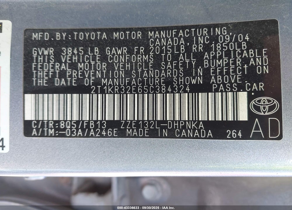 2005 TOYOTA MATRIX/XR VIN: 2T1KR32E65C384324