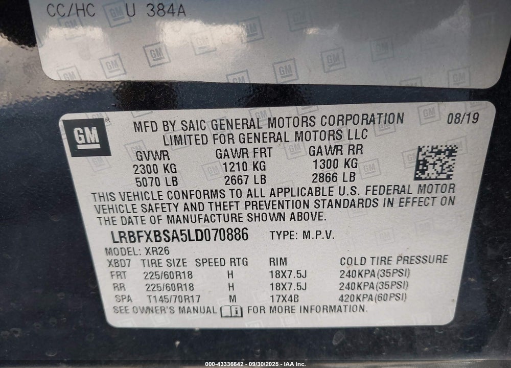 2020 BUICK ENVISION VIN: LRBFXBSA5LD070886