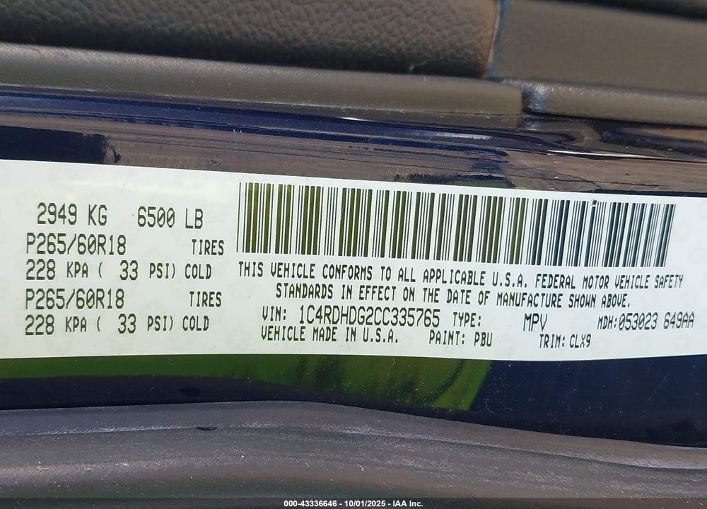 2012 DODGE DURANGO CREW VIN: 1C4RDHDG2CC335765