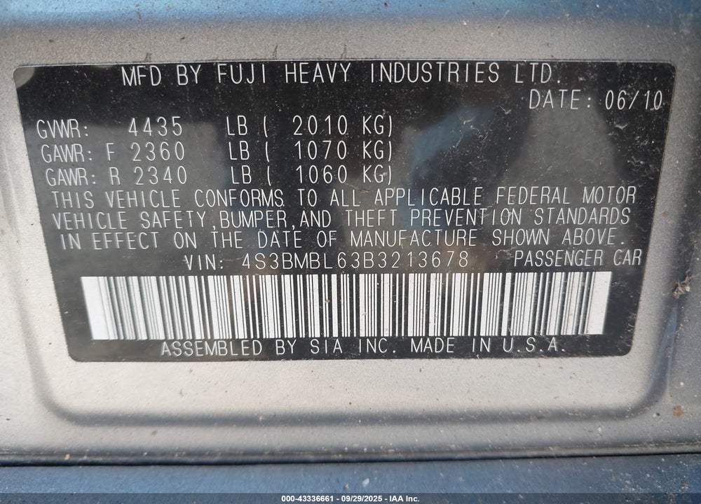 2011 SUBARU LEGACY 2.5I LIMITED VIN: 4S3BMBL63B3213678