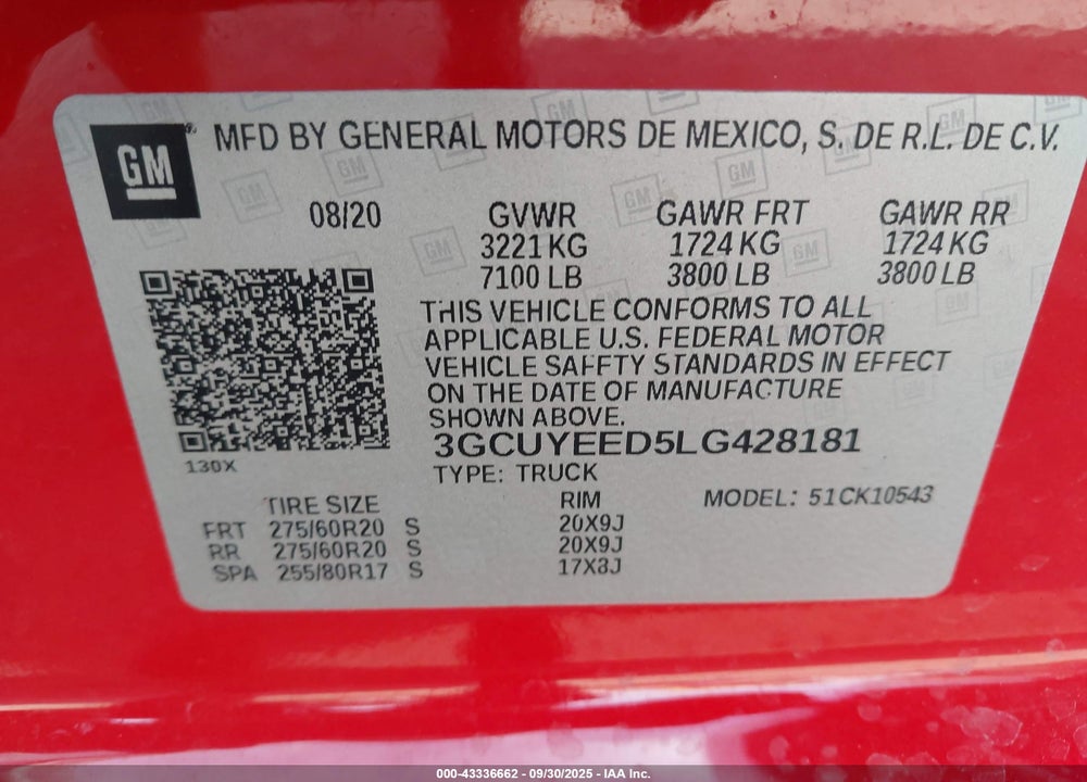 2020 CHEVROLET SILVERADO 1500 VIN: 3GCUYEED5LG428181