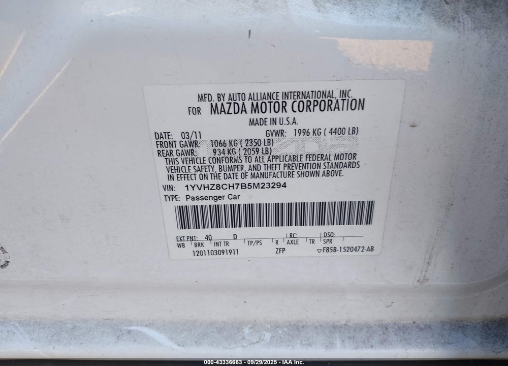 2011 MAZDA 6 VIN: 1YVHZ8CH7B5M23294