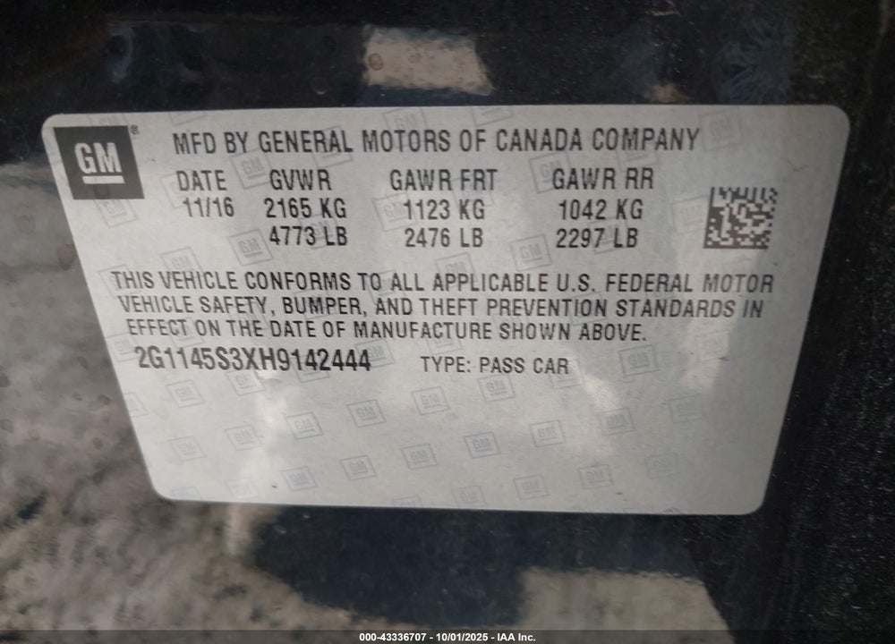2017 CHEVROLET IMPALA 2LZ VIN: 2G1145S3XH9142444