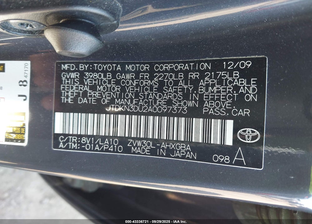 2010 TOYOTA PRIUS IV VIN: JTDKN3DU2A0097373