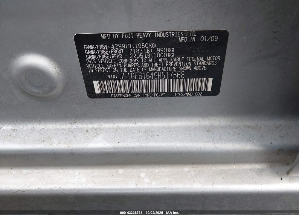 2009 SUBARU IMPREZA 2.5I VIN: JF1GE61649H517568