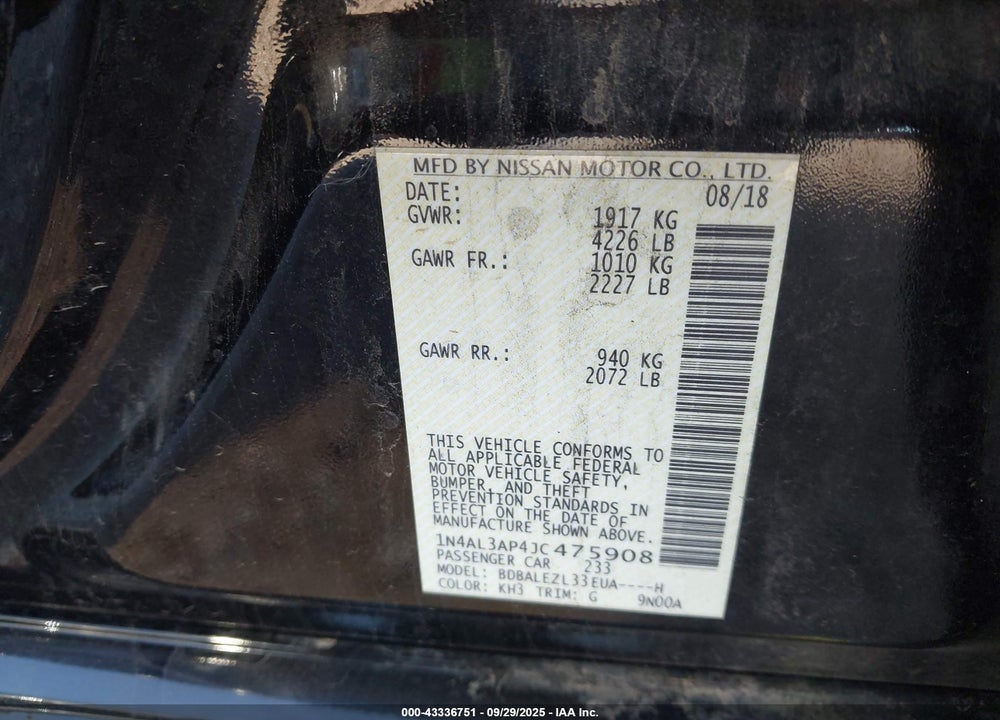 2018 NISSAN ALTIMA VIN: 1N4AL3AP4JC475908