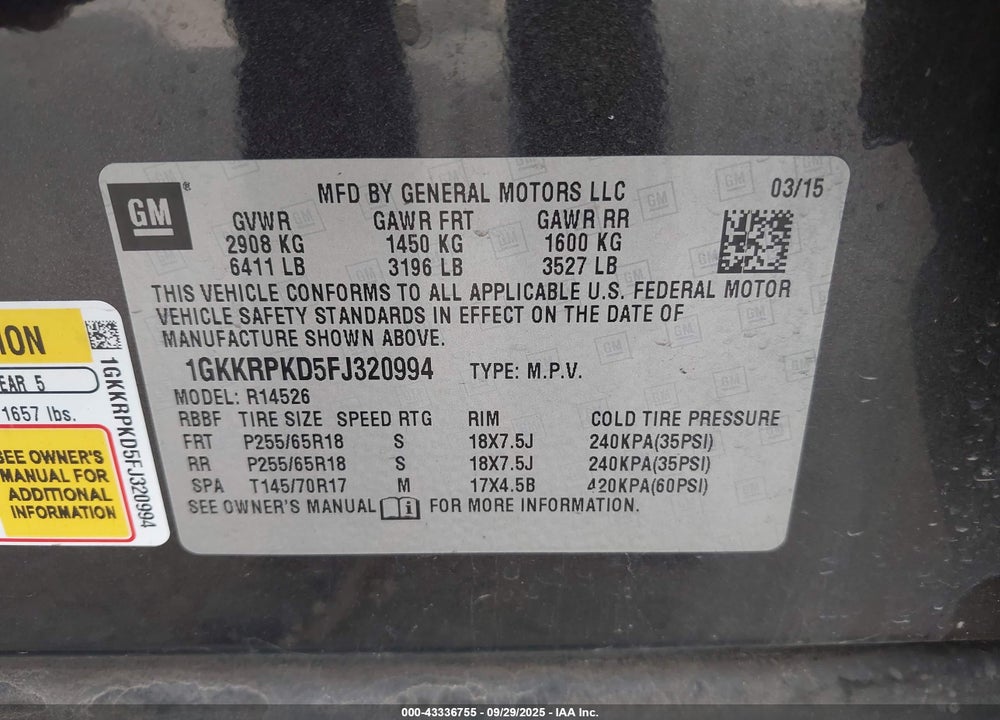 2015 GMC ACADIA SLE-2 VIN: 1GKKRPKD5FJ320994