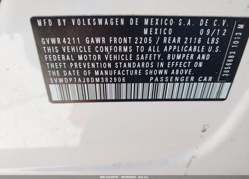 2013 VOLKSWAGEN JETTA VIN: 3VWDP7AJ8DM382906