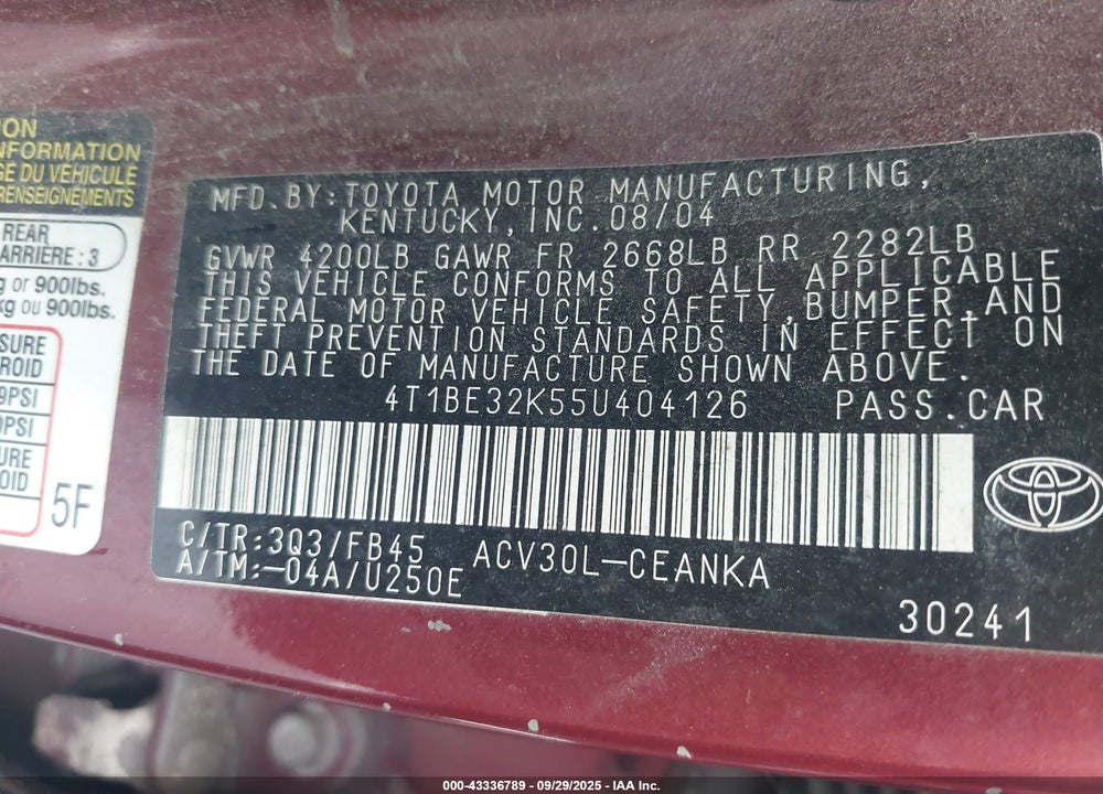 2005 TOYOTA CAMRY LE VIN: 4T1BE32K55U404126