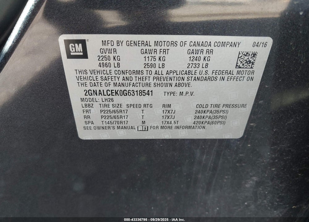 2016 CHEVROLET EQUINOX VIN: 2GNALCEK0G6318541
