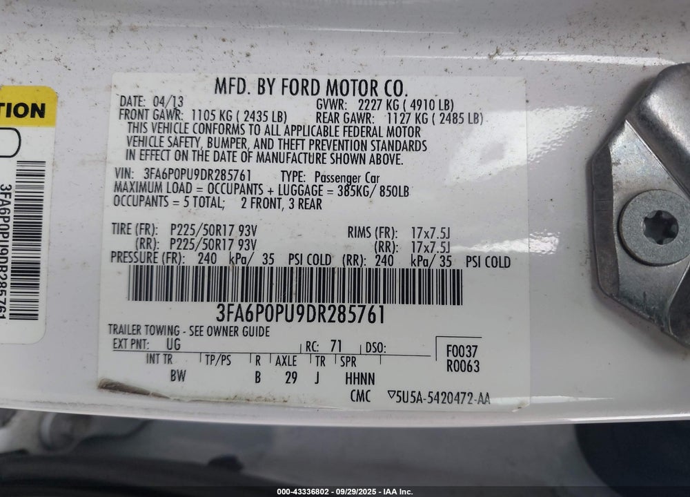 2013 FORD FUSION VIN: 3FA6P0PU9DR285761