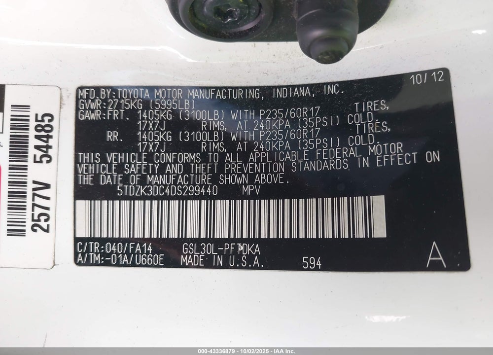 2013 TOYOTA SIENNA L V6 7 PASSENGER VIN: 5TDZK3DC4DS299440