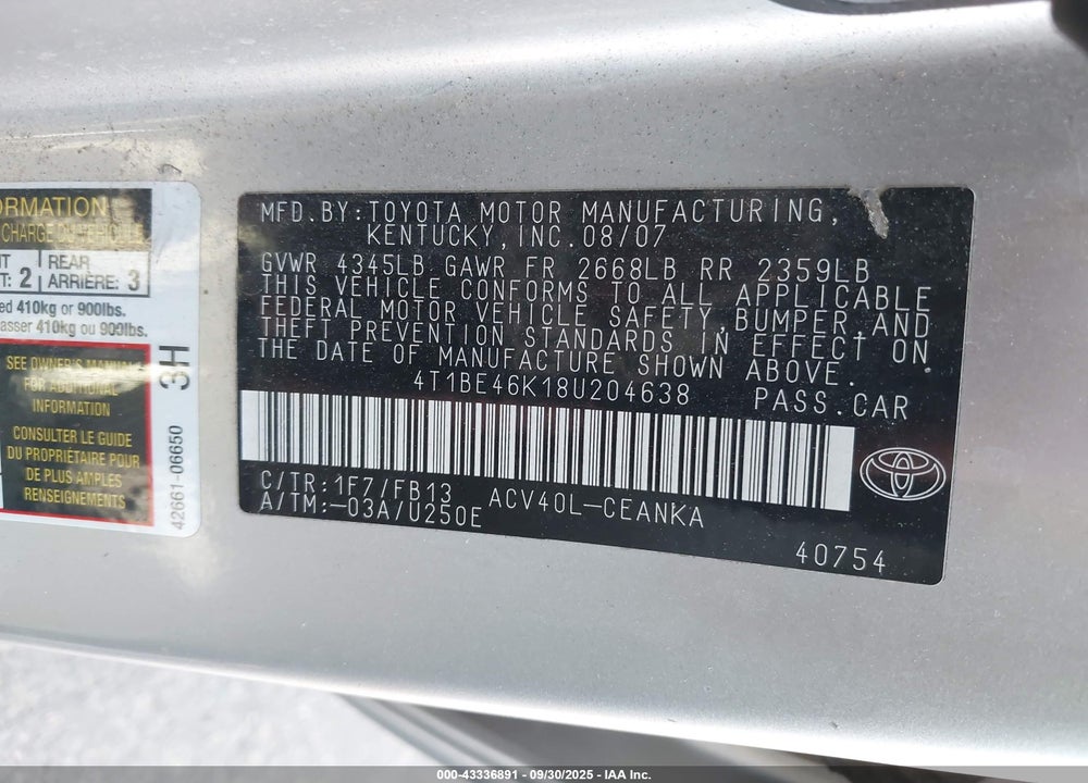 2008 TOYOTA CAMRY LE VIN: 4T1BE46K18U204638
