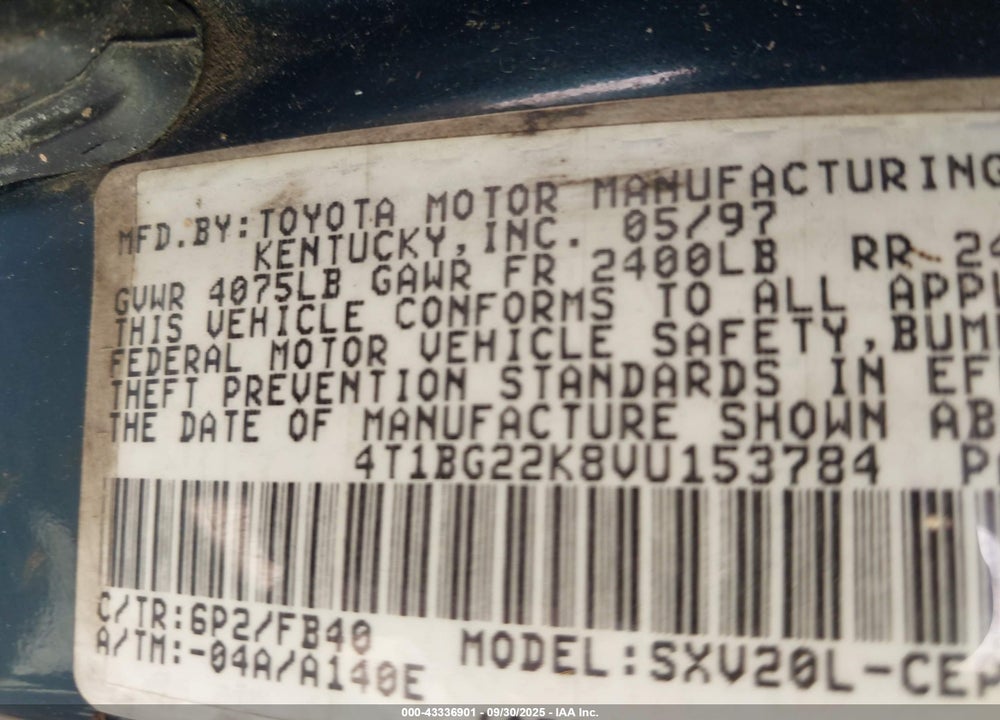 1997 TOYOTA CAMRY CE/LE/XLE VIN: 4T1BG22K8VU153784
