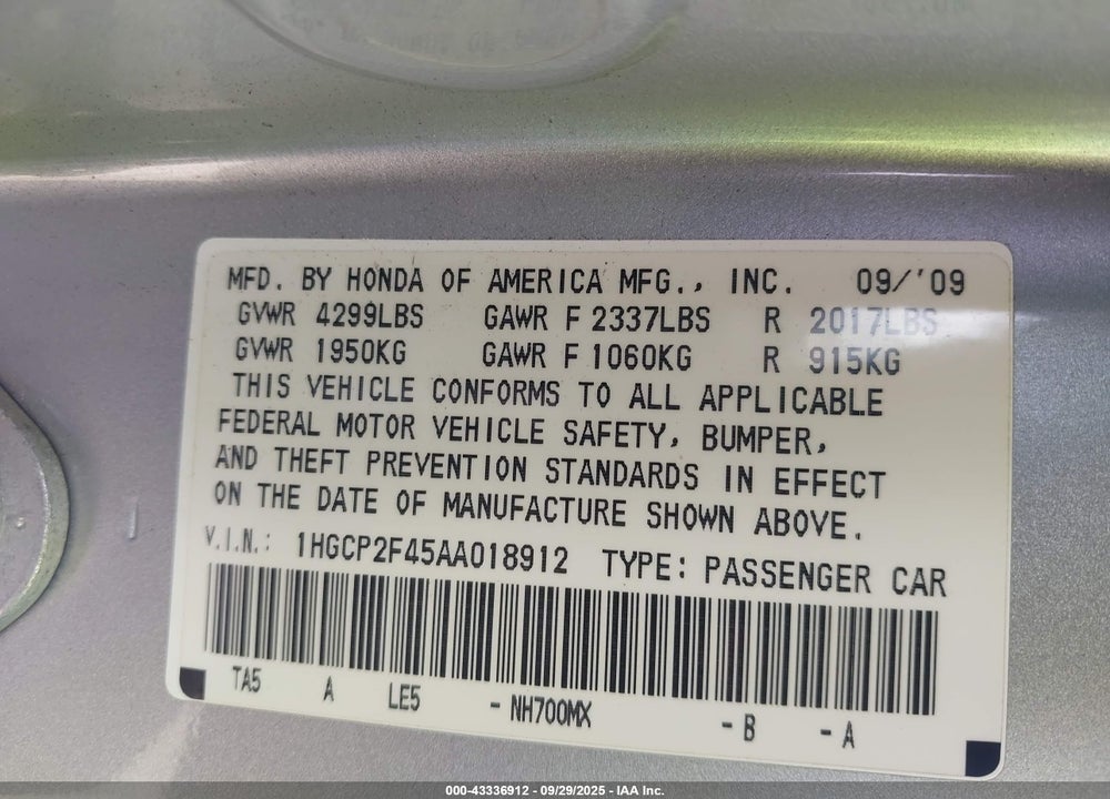 2010 HONDA ACCORD VIN: 1HGCP2F45AA018912