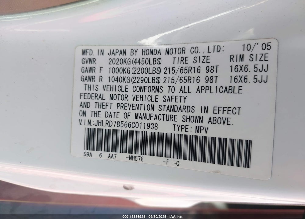 2006 HONDA CR-V LX VIN: JHLRD78566C011938