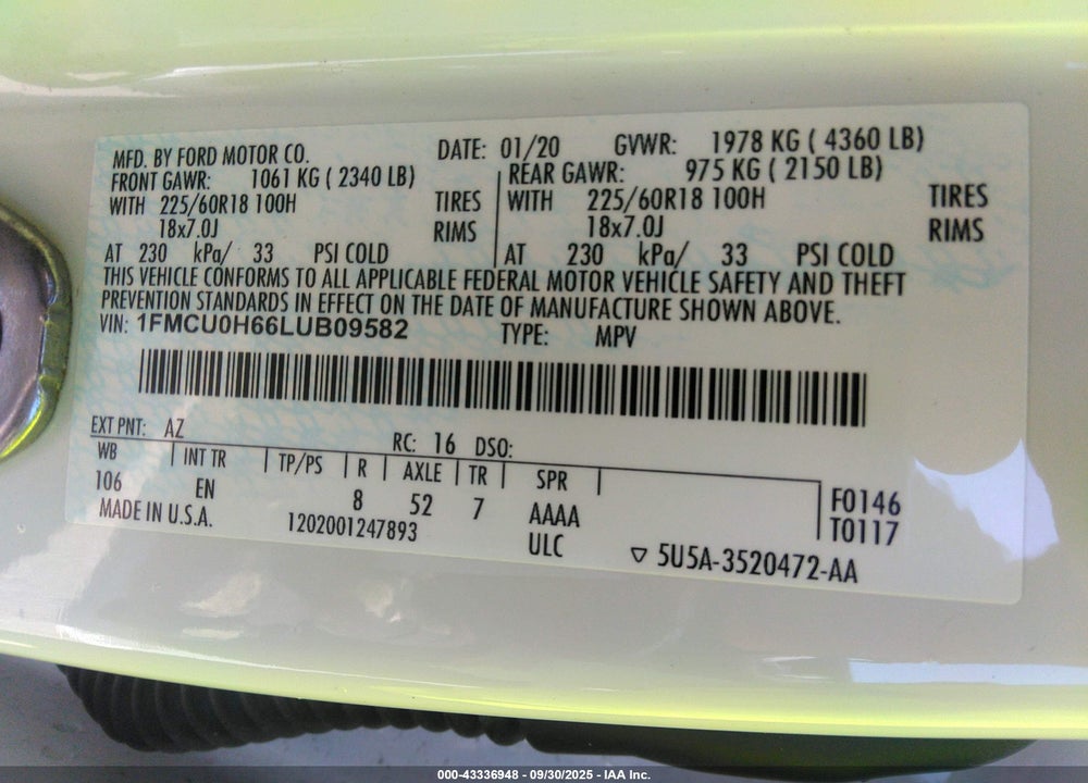 2020 FORD ESCAPE SEL VIN: 1FMCU0H66LUB09582