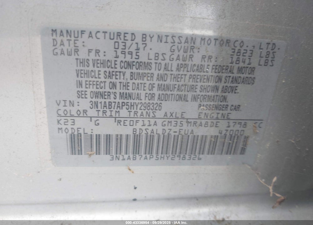2017 NISSAN SENTRA VIN: 3N1AB7AP5HY298326