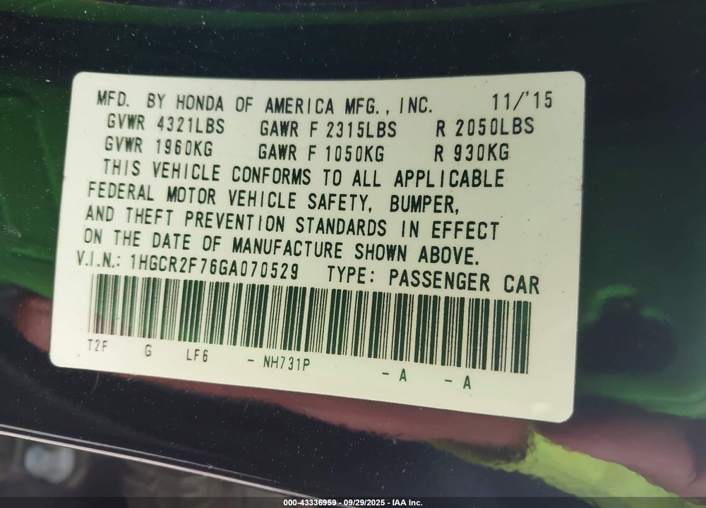 2016 HONDA ACCORD VIN: 1HGCR2F76GA070529