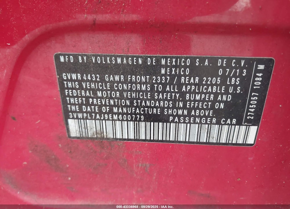 2014 VOLKSWAGEN JETTA VIN: 3VWPL7AJ9EM600779