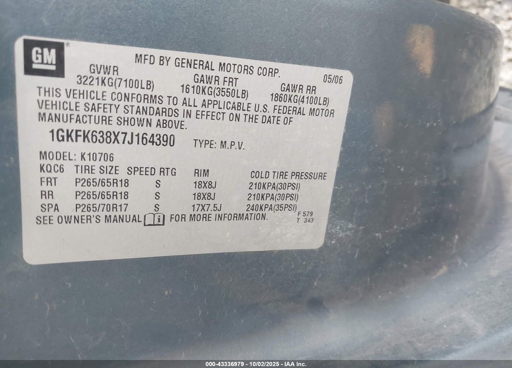 2007 GMC YUKON VIN: 1GKFK638X7J164390