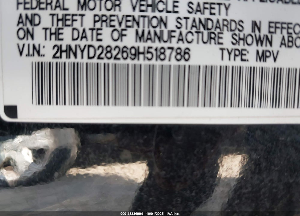 2009 ACURA MDX VIN: 2HNYD28269H518786