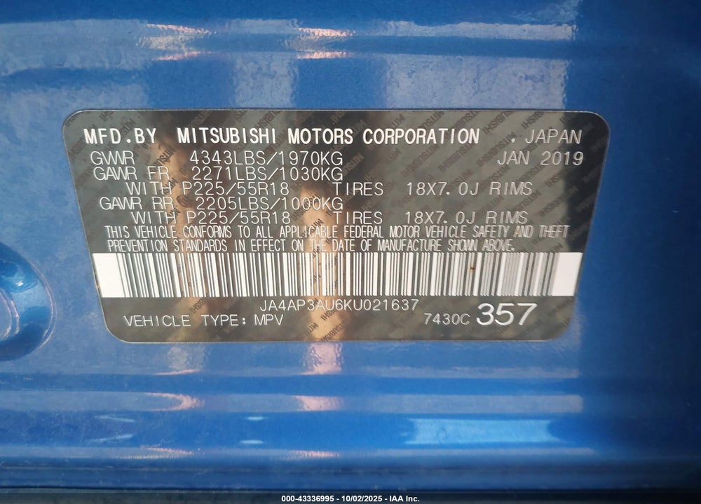 2019 MITSUBISHI OUTLANDER SPORT VIN: JA4AP3AU6KU021637