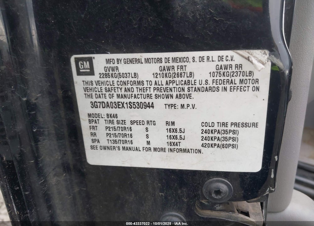 2001 PONTIAC AZTEK GT VIN: 3G7DA03EX1S530944