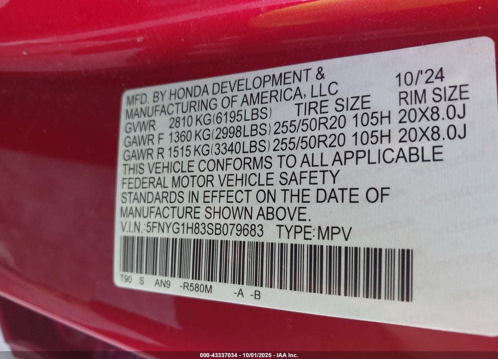 2025 HONDA PILOT VIN: 5FNYG1H83SB079683