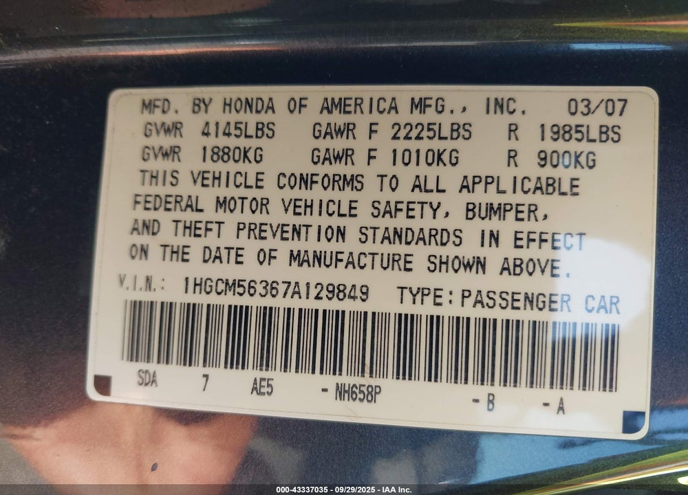 2007 HONDA ACCORD 2.4 SE VIN: 1HGCM56367A129849