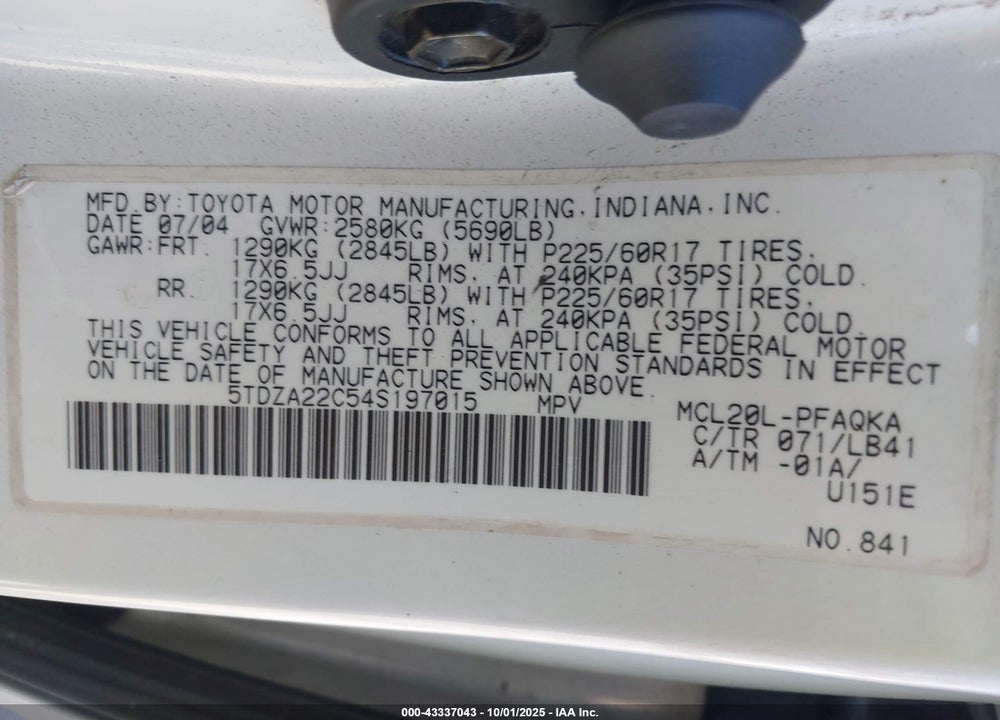 2004 TOYOTA SIENNA XLE LIMITED VIN: 5TDZA22C54S197015