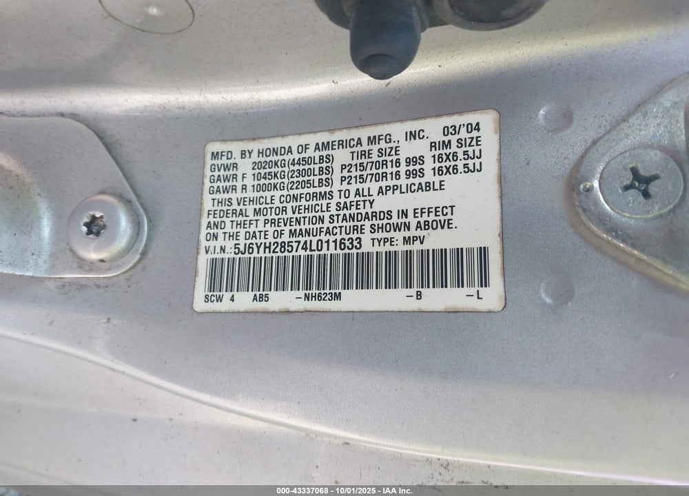 2004 HONDA ELEMENT EX VIN: 5J6YH28574L011633