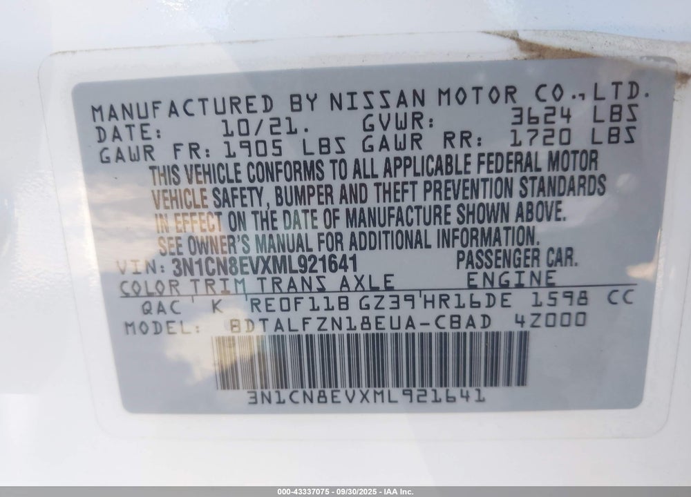 2021 NISSAN VERSA VIN: 3N1CN8EVXML921641