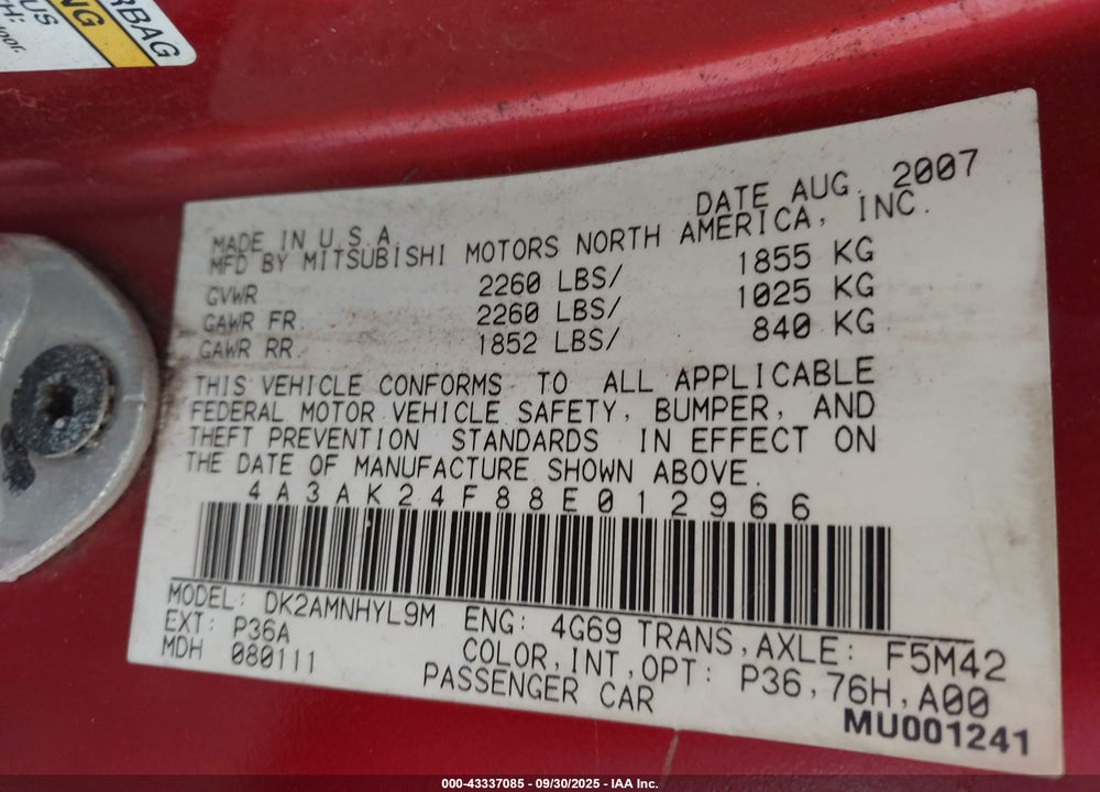 2008 MITSUBISHI ECLIPSE GS VIN: 4A3AK24F88E012966