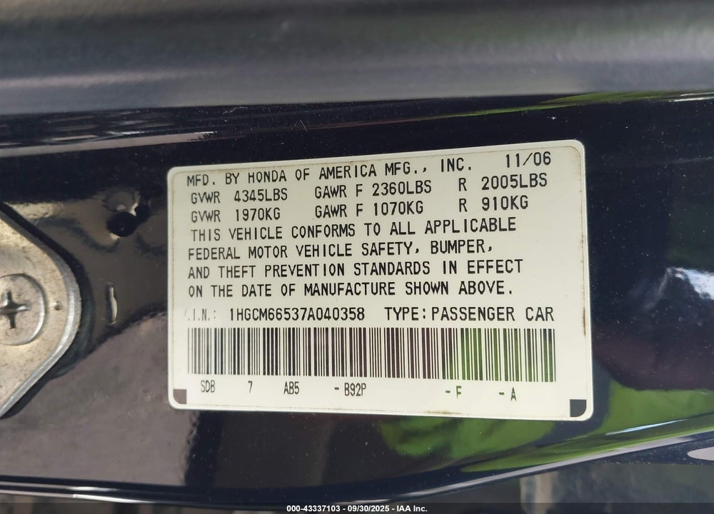 2007 HONDA ACCORD 3.0 EX VIN: 1HGCM66537A040358