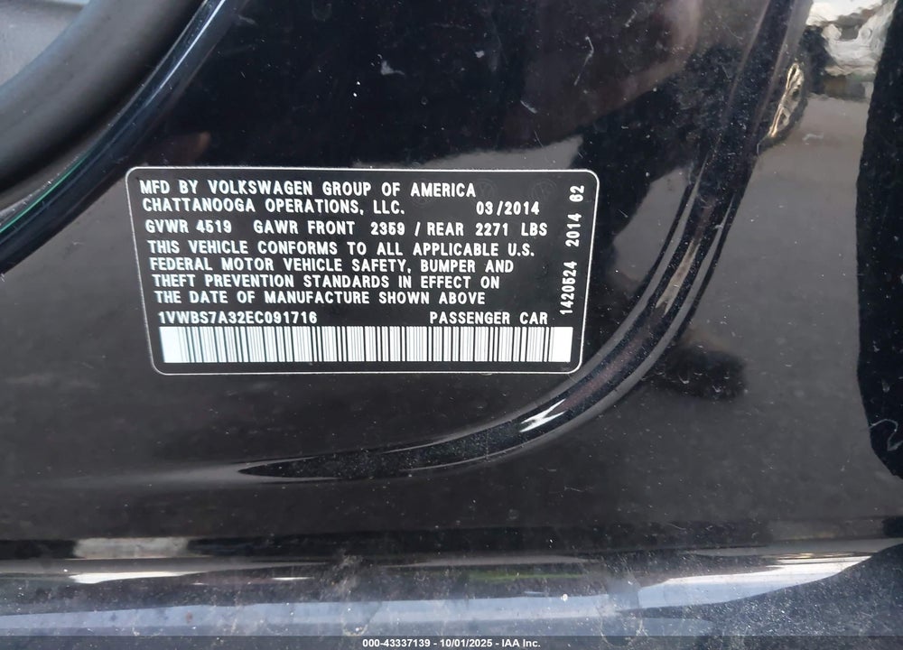 2014 VOLKSWAGEN PASSAT 1.8T SE VIN: 1VWBS7A32EC091716