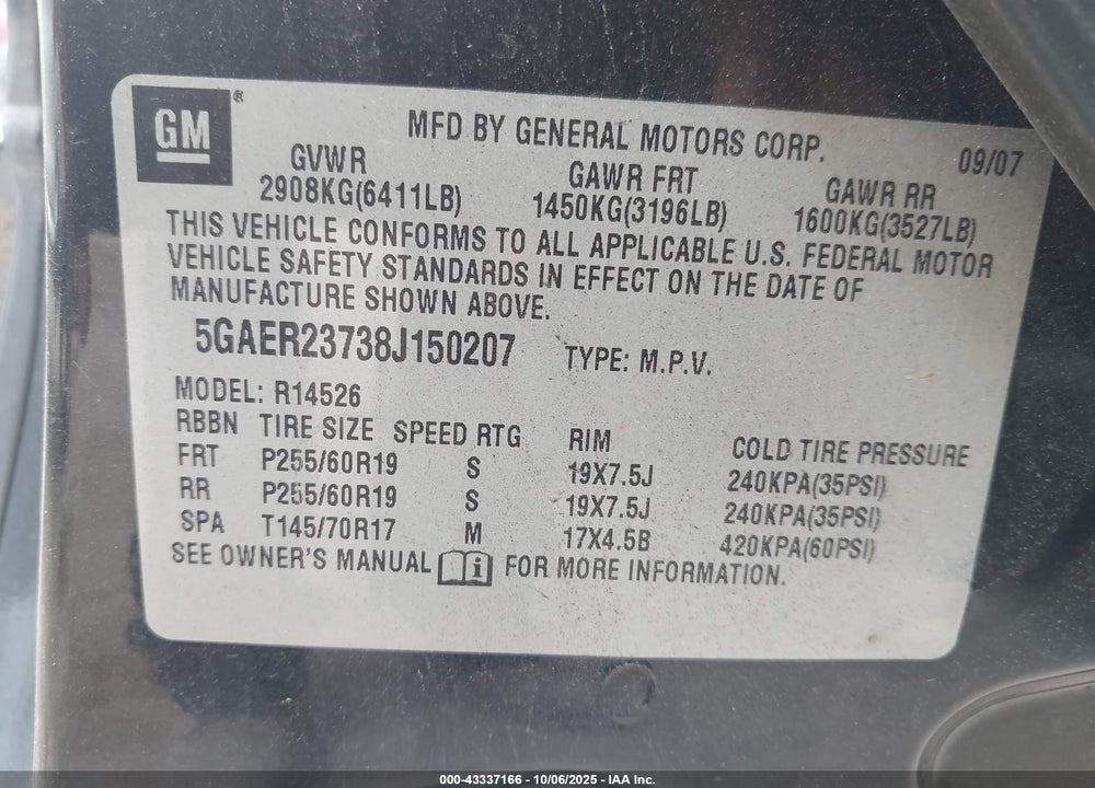 2008 BUICK ENCLAVE VIN: 5GAER23738J150207
