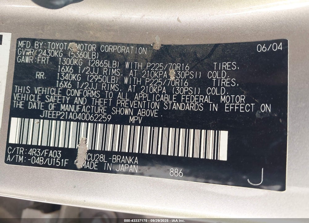 2004 TOYOTA HIGHLANDER V6 VIN: JTEEP21A040062259