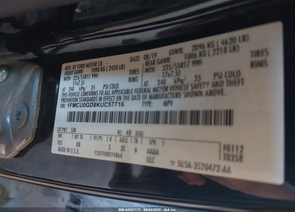 2019 FORD ESCAPE VIN: 1FMCU0GD8KUC57716