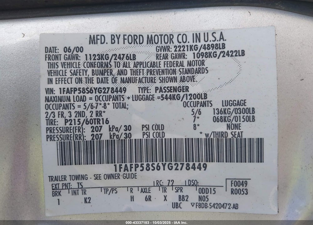 2000 FORD TAURUS SE VIN: 1FAFP58S6YG278449