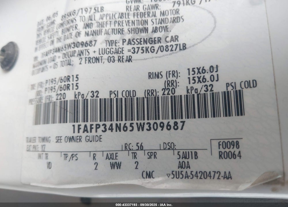 2005 FORD FOCUS VIN: 1FAFP34N65W309687