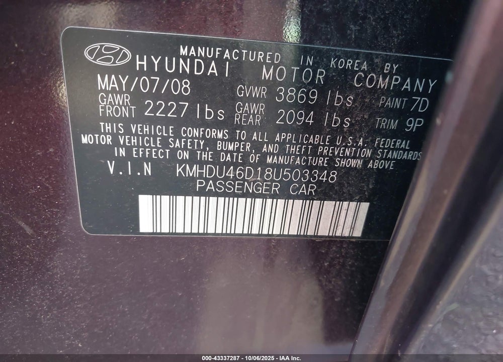 2008 HYUNDAI ELANTRA GLS/SE VIN: KMHDU46D18U503348