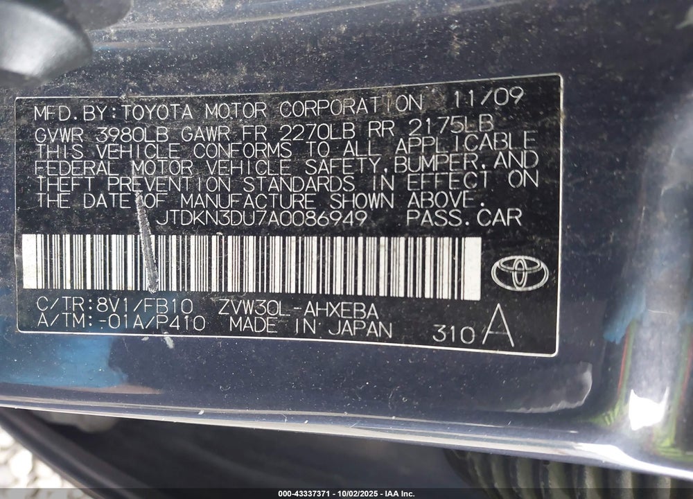 2010 TOYOTA PRIUS III VIN: JTDKN3DU7A0086949